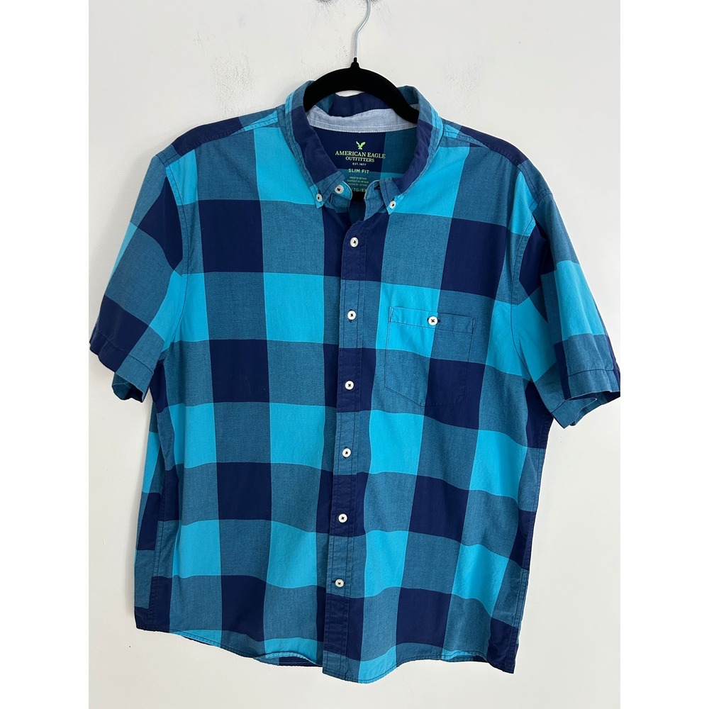 American Eagle Outfitters Mens XL Slim Fit Blue Buffalo Plaid Short Sleeve Shirt